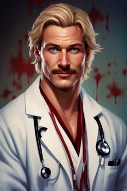 Mid-thirties, Caucasian male doctor, kind smile, blonde hair (slightly disheveled) thick blonde mustache, pale blue eyes, broad shoulders, muscular, six foot, Hawaiian shirt under white lab coat with bloodstains at the edges. Strong Jaw line, surrounded by shadows, photo realistic