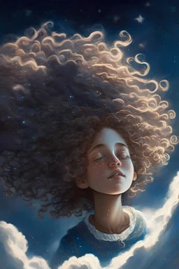 curly girl in the sky flying between the stars