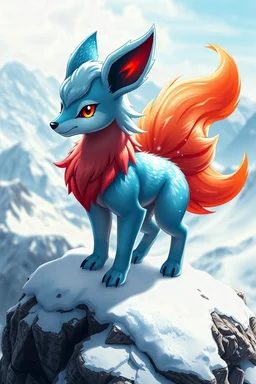 A stunning cross-breed between Vulpix and Eevee, full body with frosty blue fur and fiery red tail, in a snowy mountain peak, photorealistic, high definition, perfect clarity, ArtStation quality.