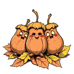 logo design , caricature line art with alcohol ink from 3 weird, crepy cute, crazy chestnuts sitting next to each other on the autumn leaves, detailed, cinematic, comic, vector graphic, dark crepy mood, transparent background