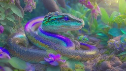 Serpent in the Garden of Eden, hyper-realistic, HD 8K, sharp detail, iridescent scales