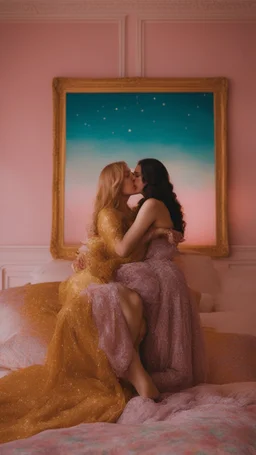 Masterpiece, fine art, award winning, "like Gustav Klimt : the Kiss in a chair" 2 w, RAW photo, eye candy in the style of (petra collins::Robin Eley:1.5), (Suhaila Ben Lachhab::Heidi Moussa:1.5) in breathtaking cinematic shot (full body shot, from below angle) that emphasizes the stunning cheek bones, texturized black hair,(big detailed eyes:1.5) (cottagecore aesthetic:5) with extreme sensuality, Irresistible with (porcelain skin:4.8), sitting on an old chair, retro vintage style