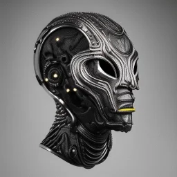 "Organic bionic African male cyborg, alien mask openings, filigree, iridescent metal, shiny, neon, LEDs, diffuse lighting, african print leather with fur black and white fantasy, intricate, elegant, highly detailed, lifelike, photorealistic, dramatic makeup, digital painting, illustration, concept art