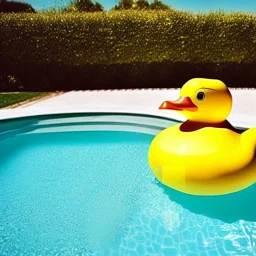 a very beautiful picture of a giant rubber duck in a pool, polaroid