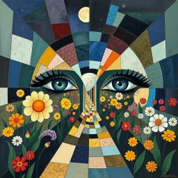 Cubistic patchwork. Inside the mind of the glass mirror witch. Giant eyes. Tunnel of flowers. Cityscape of moon and sparks. Modifiers: high definition Picasso Cubism by Paul Klee