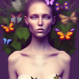 Generates high quality portraits of women covered in various plants, surrounded by forest and butterflies.