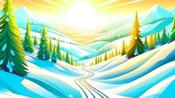 Fantasy cartoon style: view down the ski slope from the top of the hill, snow is sparkling like diamonds, sun is shining, pine trees are beatiful