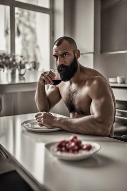 photorealistic half figure shot photography of an ugly 30 year old italian boxer with big broken nose, beefy masculine rude man, very long muslim black beard, shirtless, manly chest, big shoulders, side light, ambient occlusion, sitting on a table in a modern dining room at home, drinking red wine, sun from window, emotive expression, shaved hair