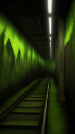 Inside the old subway tracks, . Low light and closed green moss walls. Like the original design of the game space ,digital art.landscape,far camera old painting,2 Chen and George Hopper, Rembrandt lighting, a dark green color scheme, ethereal light. --ar 13:16 --v 6. 0 metro game.oil painting