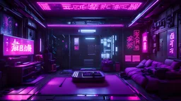 Cyberpunk apartment. Detailed. Rendered in Unity. Japanese elements. Purple lighting. Holograms. Environment art.