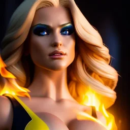 Ultra detailed fullbody Portrait in oil on canvas of X-men -beautiful busty blonde miss Marvel on fire,extremely detailed digital painting,ultrarealistic skin,intense stare, extremely detailed face, crystal clear eyes, mystical colors ,perfectly centered image, perfect composition, rim light, beautiful lighting,masterpiece ,8k, stunning scene, raytracing, anatomically correct, in the style of uncannyknack and Ohrai Noriyoshi and robert e howard and Steve Jung and Wizyakuza.