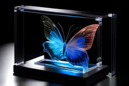 Cup-shaped translucent vapor holographic swirl butterfly, artfully depicted as it emerges from the inside of a glass tablet