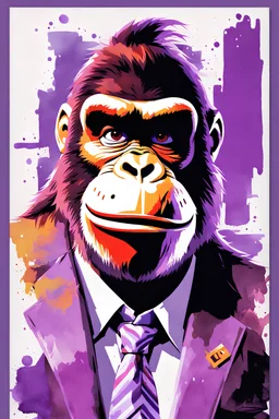 Masterpiece painting, Donkey Kong from Nintendo with his DK tie, watercolor style, Professional Quality watercolor painting, Only Two Colors Purple And White, duotone only.