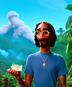 Snoop Dogg, smoke weed, burning dollars, jungle background, hyper realistic