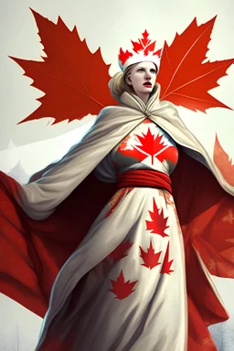 female genie covered in maple leaf robes protecting Canada from russian bombers