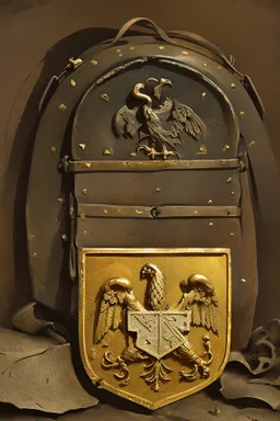 in a LARGE BASEMENT, half-buried in the earth, an ancient, worn-out, worn-out, torn-side valise peeks out, from which gold coins from the time of Catherine the Great fall out. The ancient coat of arms of Russia, the double-headed eagle, is BARELY VISIBLE on the bag. There are a lot of broken bricks and earth around the bag. All in high quality 8K