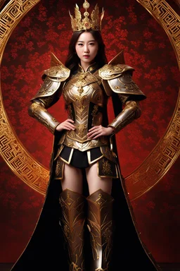 Full body Realistic photography,front view, Beautiful Queen Warrior super model Pretty European Chinese Woman, brown hair,dressing luxury party gown,looking at viewer,traditional dress ornaments mechanical armor china traditional, intricate armor, delicate golden shine bright, black metalic parts, detailed part, jewelry diamonds,dynamic pose,abstrac background, dynamic lighting, red hour, full body portrait