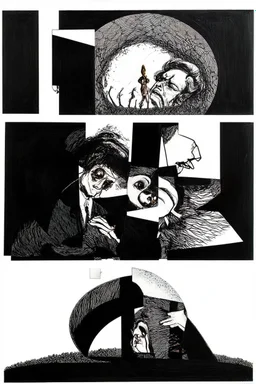 predictive demoralization, surreal, metaphoric, minimal, fragmented illustrated collage, 3 stages of grief, by Dave McKean and Gerald Scarfe