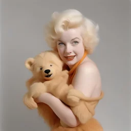 A photograph of childish marilyn monroe, head backwards , with a vintage teddy bear, , with spiky hair, no make up, in the style of milton greene, a pale orange silk scarf around her shoulders, white bacground