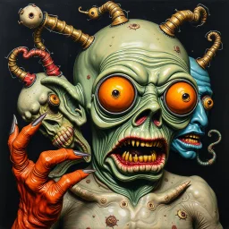 The oddest coagulation and mixture of beings, glossy finish, details very accentuated, stunning style, oniric, George Grosz, Max Ernst, James Ensor, disturbing, blatant, gross, funny