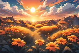 overhead shot, village, evening time , sun set, flower plants, grasses, orange, yellow sky, dynamic white clouds, magnificent, vibrant, hdr, 4k, 8k, anime style, vector art, low angle shot, aesthetic, Mysterious