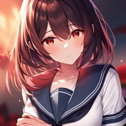 Clear Focus, High resolution, glowing red eyes, hugging a girl, wearing a sailor uniform,