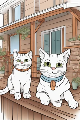 coloring page for kids, Cats on the porch, cartoon style, thick lines, low detail, no shading