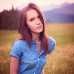 gorgeous young Swiss girl sitting standing in green field, mountain, sun, wearing blue shirt over, open arms, unreal engine, photograph, realistic skin texture, photorealistic, hyper realism, highly detailed, 85mm portrait photography