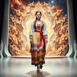 A full-body shot of a beautiful lady wearing ozbek folk costum walking on a nice stage and looking at the camera 3D fractal interstellar world.