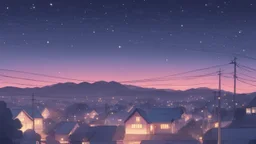 Beautiful starry sky at dusk, cartoon, anime, lofi, pastel, cinematic, nostalgic, town