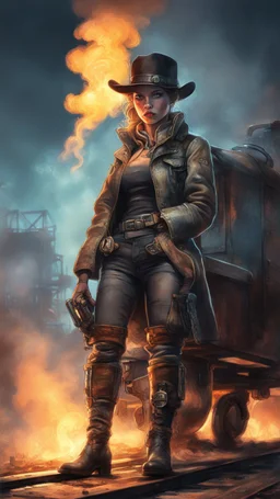 postcard portrait from cyberpunk fallout 4 tower top of cowboy midget whiff of smoke from flame thrower sexy cowboy old boots by rail road wagon, picking up body, in spotlight, magazine cover illustration with spray paint, signed, bokeh like, down-light, unreal engine, prize winning