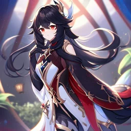 Clear focus, high resolution, black long fluffy hair, red eyes, wearing a genshin outfit