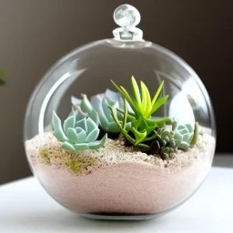 succulent terrarium in a glass orb, pebbles, pastel colors, warm lighting, sunbeam, adorable, linen backdrop