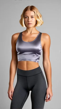 photography of a beautiful anorexic woman, grey satin triathlon top, sports illustrated, blond short wavy bob haircut, pronounced sternum, flat chest, anthracite cycling leggins