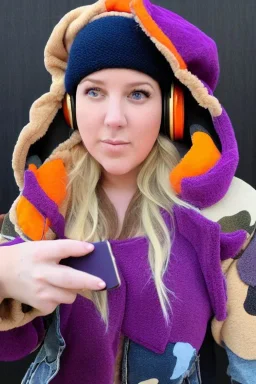 blonde taking selfie.thick thighs,thick calves,flat belly,curvy fell. big head. Mantle is sewed of upcycled Denim and sewed together of camouflage pieces. Pieces' color are orange, cream and purple. It is with big bright purple felt tippet and birght-colored-hood is merged with colorful beanie. Big colored headphones (gold rings!) is merged with small felt cap with small visor. Style: Haute Couture in 1950's Brazil, N.Y.C fashion in 2023