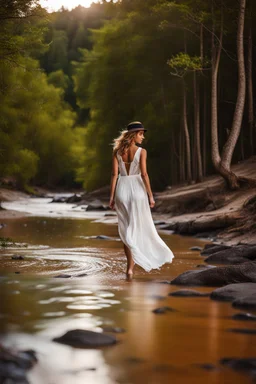 beautiful girl walking toward camera in trees next to wavy river with clear water and nice sands in floor.camera capture from her full body front