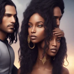 Beautiful black woman with long black hair standing next to a handsome dark haired muscular white man, fantasy, ethereal, soft lighting, realistic lighting, HD 8K