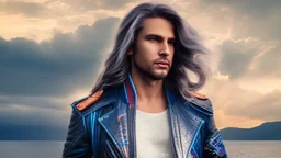 half body shot,realistic portrait of a 20-25 old caucasian model, long blue pink flowing hair, great grey eyes, blue leather jacket,full body, standing in beach , very big ship, nice lake with sunset ,clouds,god rays ,storm,rocky beach