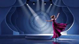 modern stage with gray-blue theme artistic decoration , color full dynamic lighting, a beautiful lady in modern maxy dark purple red dress with shining silver jwells dancing, 3D recursive fractal structure animating background