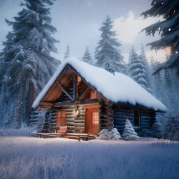 beautiful snowfall in a cozy cabin in a thick forest