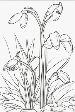 flowers coloring page for kids, snowdrop, cartoon style, thick outline, low details, no shading, no color