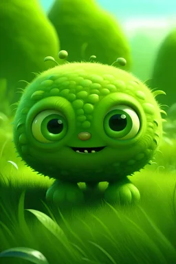 eine liebevolle grüne Landkreatur mit süssen grossen augen die hübsch und flauschig ist mit grossem kopf und ,meinem körper