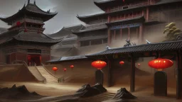 ancient, fantasy, chinese town, dune, crater, sand strom, destroyed chinese houses