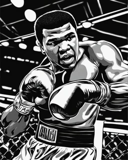 Outline art for coloring pages with Muhammed Ali, white background, sketch style, only use black outline, white background, no shadows and well and clear outline