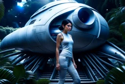 photorealistic slim woman with dark hair and white boots in a heroic pose in front of a fat wide spaceship in the jungle