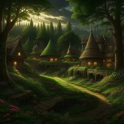 Pagan town, viking art, highly detailed with lush forests, green leafs, flowers, pagan temple with runes, high resolution, 24k, ornate, intricate, complex, digital painting, smooth