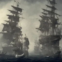 Skeleton pirates on a big, scary ship, artistically