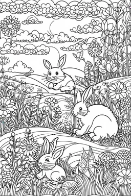 STRESS RELIEF themed coloring page for adult, cartoon style, thick outline, low details, no shading, no color, A cute meadow with fluffy bunnies serene hills and wildflowers