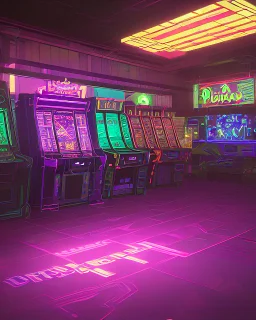 A dark photo of the corners of an 80's aesthetics arcade at night, with a lot of functioning arcade machines, a vaporwave floor and some colorful tiles in between the floor. Purple aesthetics. There are some pizza boxes over some of the arcade machines. The wall has a ticket shop who sells plushies, food and laser tag guns