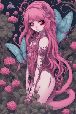 8bits, pixel art, butterfly, highly detailed, pink, rabbit, blood, scythe, goth woman, leaning pose, full body, squid, intricate detail , plants, wildflower, nest, octopus, fly,Demon girl, creepy, horrifying, sinister, sparks out her mind, fullbody, rare pose, terrario with universe in, high lighting, intricate,sparks around,enchanted girl with cyberkatana,darkred slime Goth girl,